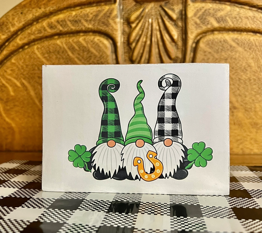 Three St. Pattys Gnomes Wooden Block Sign, Lucky, Tiered Tray Decor, Farmhouse, Spring Gnome Rae Dunn Inspired