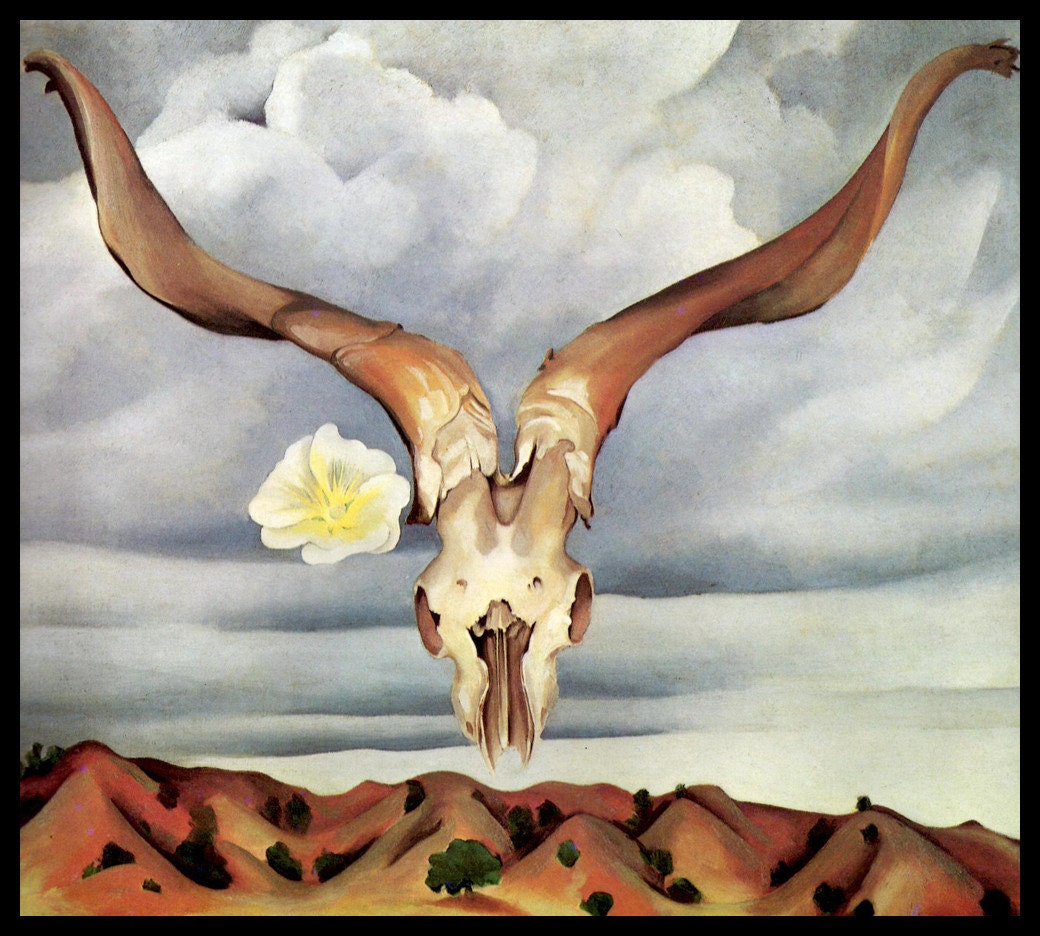 1935 Georgia O'keeffe Print, Ram's Head With Hollyhock, Original Vintage Book Color Plate, Ready To Frame