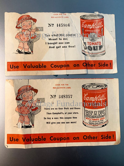 Rare 1920-30S Campbell Soup Coupons, Tomato & Pork Beans, Vintage Advertising, Kids