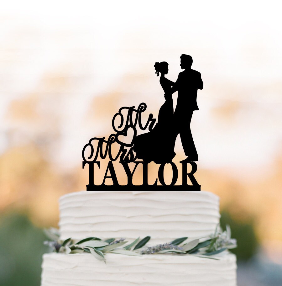 Acrylic Wedding Cake Topper Mr & Mrs, Bride Groom Silhouette, Personalized Cake Name, Funny Initial Figurine