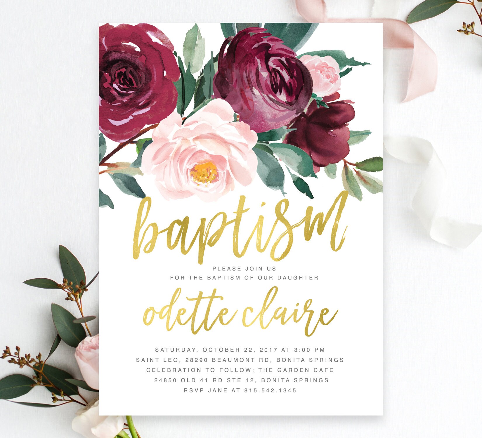 Baptism Invitation Girl, Girl Floral Blush Pink, Burgundy Flowers, Greenery - Printed Or Printable Gold Odette