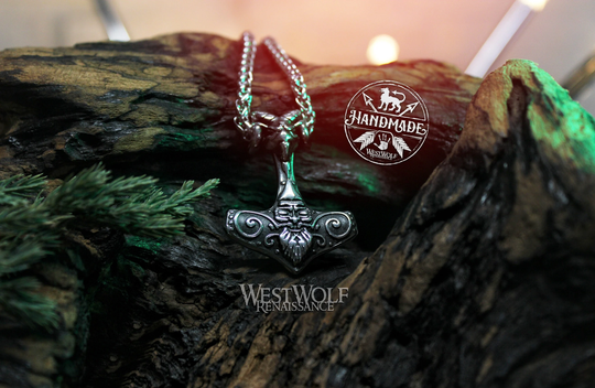Viking Thor Hammer Pendant With Ram Head, Face Of Thor, & Stainless Steel Chain - Norse/Mjolnir/Mjollnir/Necklace/Silver/Steel