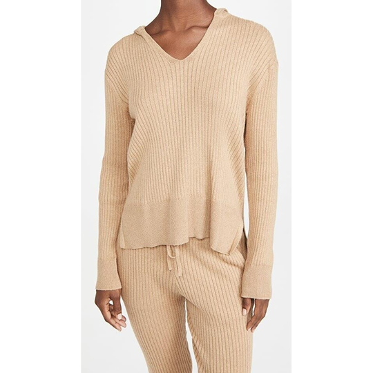 Skin Sweater Cashmere Blend Ribbed Knit Hoodie Pullover Long Sleeve Tan M Used