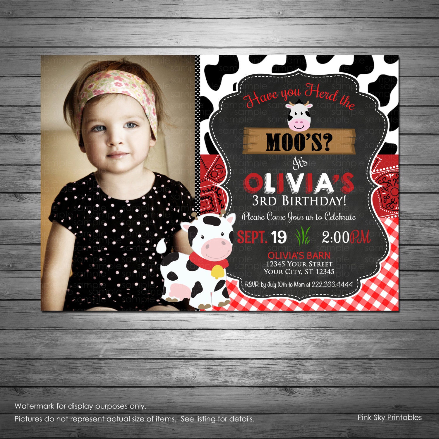 Cow Birthday Invitation, Printable Or Printed Invitations, Moo Red Gingham, Pink Bandanna, Little Cow, Chalkboard, Photo
