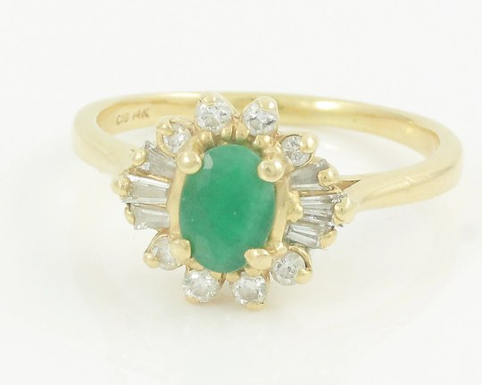 Vintage 14K Diamond Emerald Ring 1 Ct Tw, Gold Cocktail Ring, May Birthstone Size 8.5, Jewelry