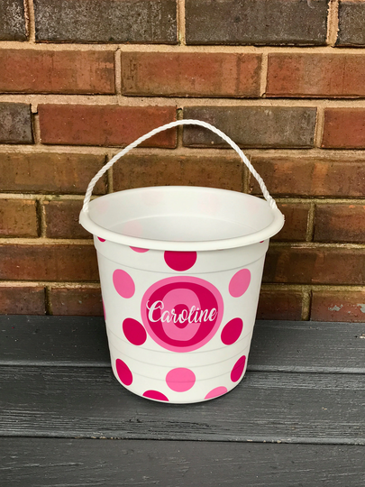 Personalized Rope Pail Bucket For Girls & Boys With Polka Dots; Halloween, Birthday/Easter, School; 10 Colors; Many Design Options