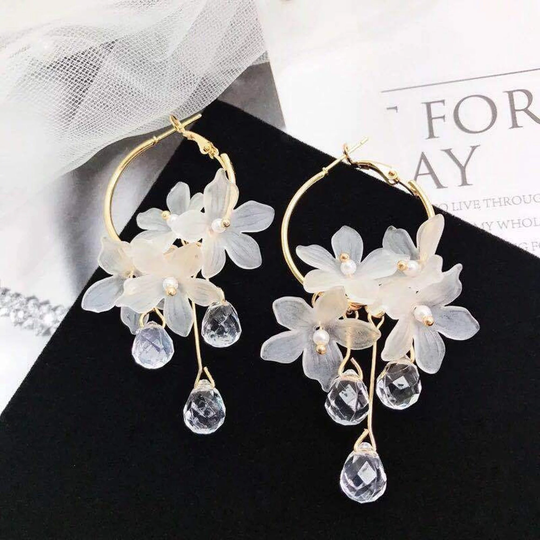 White Flower Earrings | Hoops Bohemian Style Long Hanging Gift For Her Spring