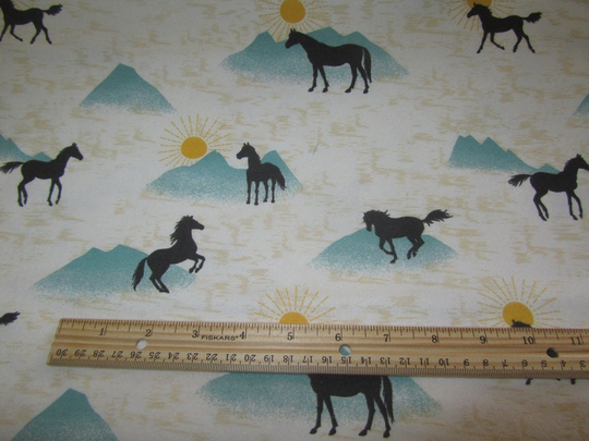 White/Cream Horses in Mountains Flannel Fabric By The Yard