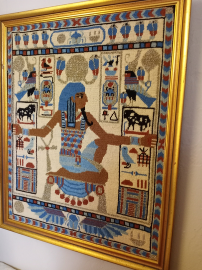 Egyptian God, Ra, Handmade Needlepoint, Metallic Gold & Silver Thread Accents, By Elsa Williams, Wood Frame, Vintage 1970S