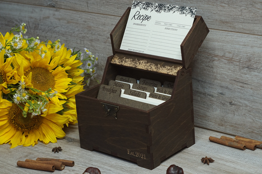 Recipe Box With Dividers & 4x6 Recipe Cards Sunflowers Personalized Engraved Wood Bridal Shower Decor Mothers Day Gift Christmas