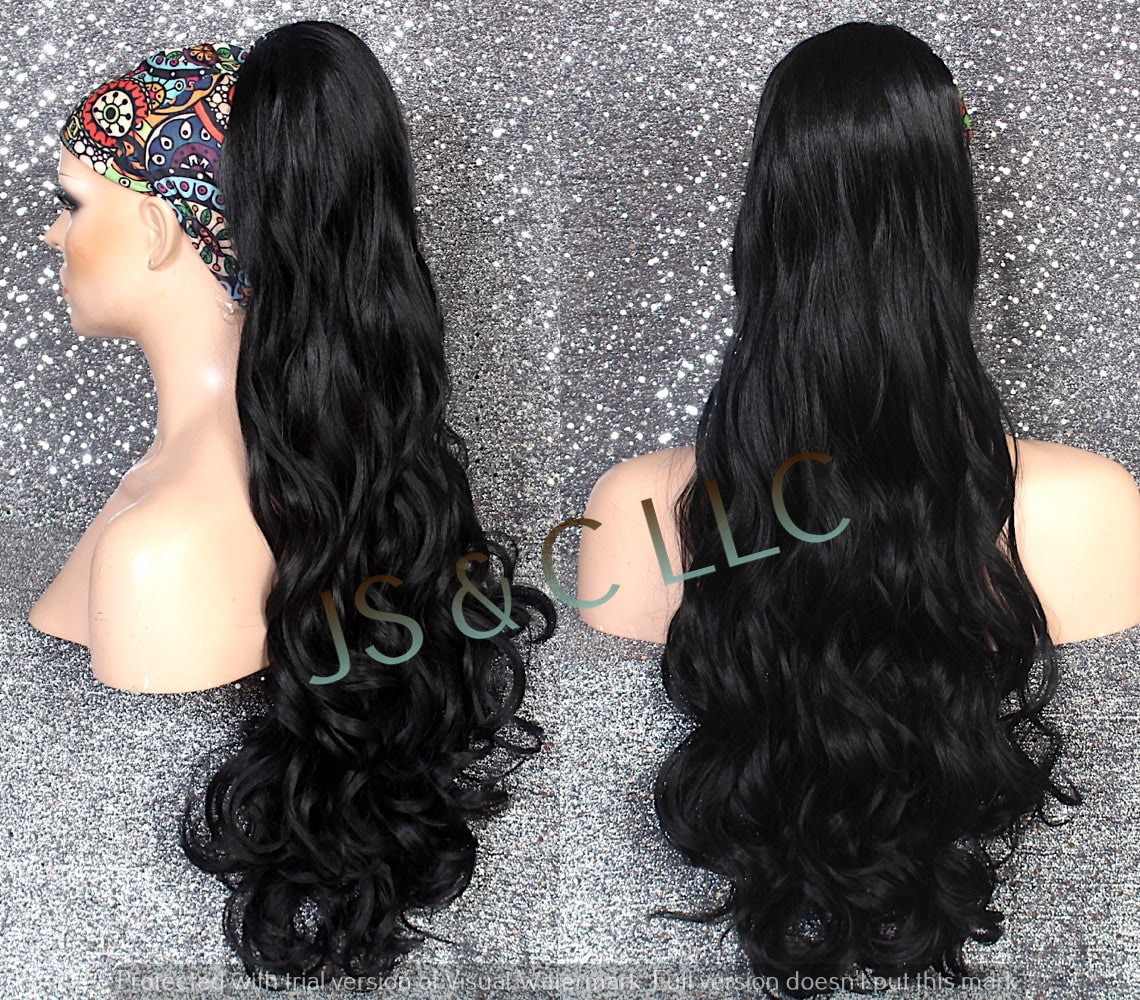 Black Human Hair Blend Ponytail Piece Drawstring Ex Long Wavy/Curly Simply Put It On & Go Can Be Wrapped Around As A Bum