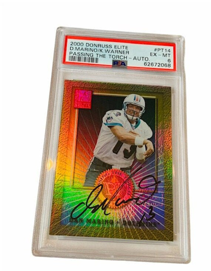 Dan Marino Dual Autograph Kurt Warner 2000 Donruss Elite Passing The Torch Auto Pt14 Signature On Card Rare Sp Hof Dolphins Rams Psa 6
