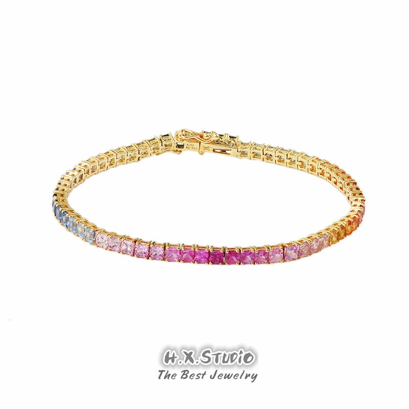 Rainbow Sapphire Tennis Bracelet in Solid 18K Gold/Multi-Colored Bracelet/Custom Jewelry/Personalization Design/Gift For Women & Girls