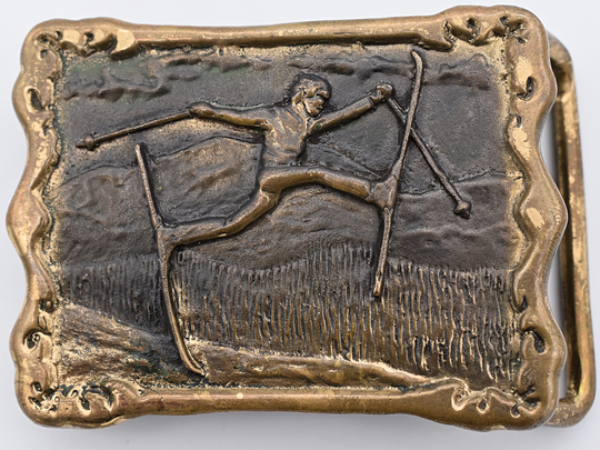 Solid Bronze Skier Mountain Slopes 1970S Rams Horn Vintage Belt Buckle