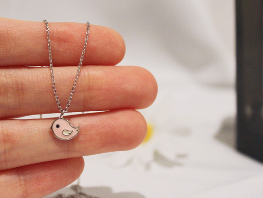 Tiny Pink Bird Sterling Silver Necklace| Nature Inspired Jewelry Woman| Delicate Cute Small Round Robin Dainty Pendant