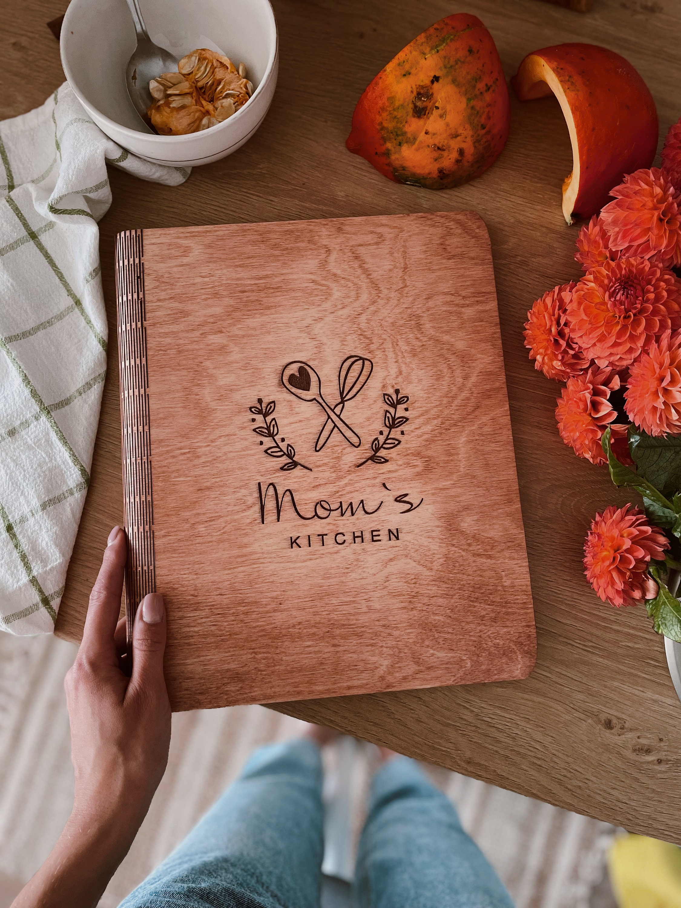 Mom's Custom Recipe Book, Wooden Cook Book With Personalized Spine, Thanksgiving Day Housewarming Gift