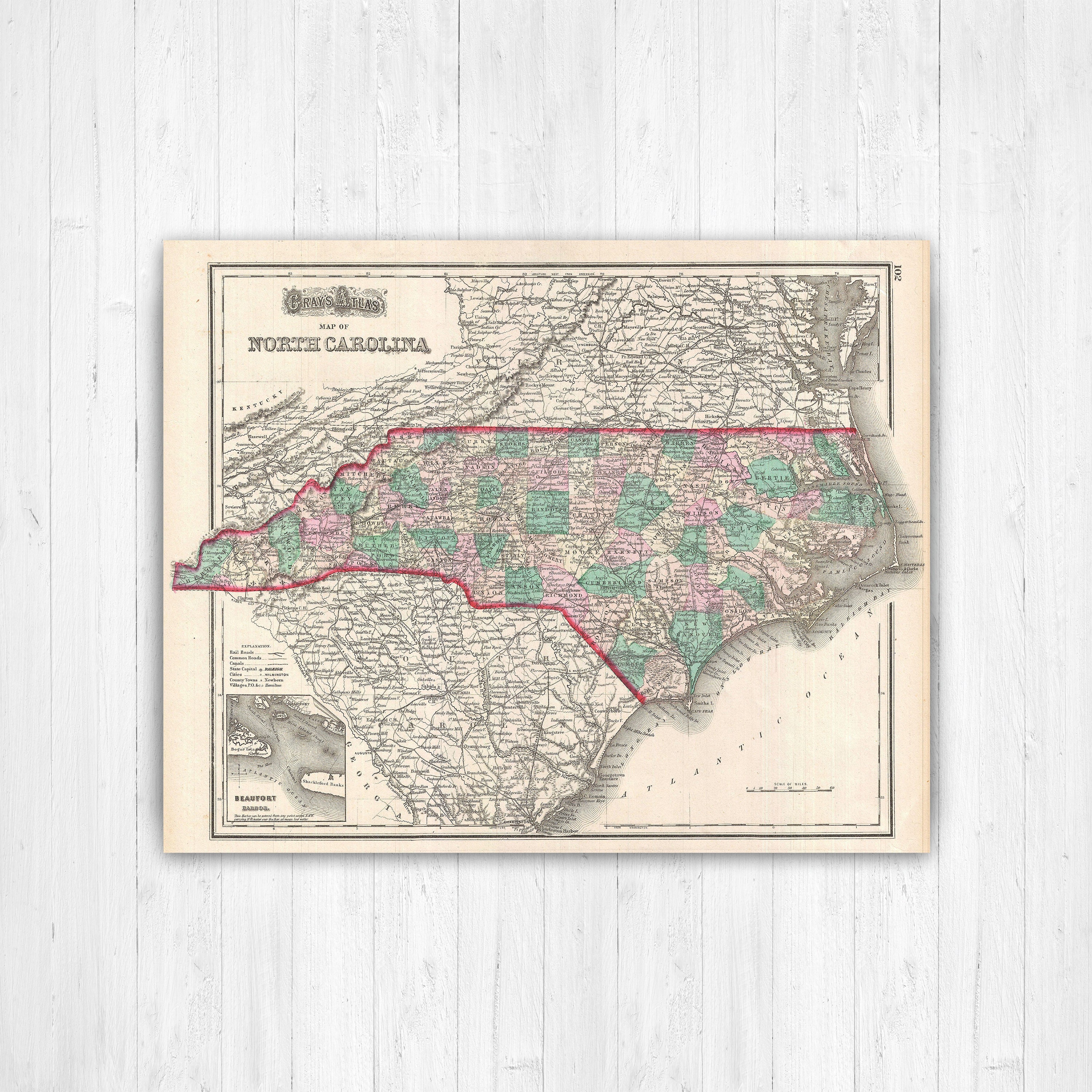 North Carolina Antique Color State Map Print | Canvas Art Printed Marketplace