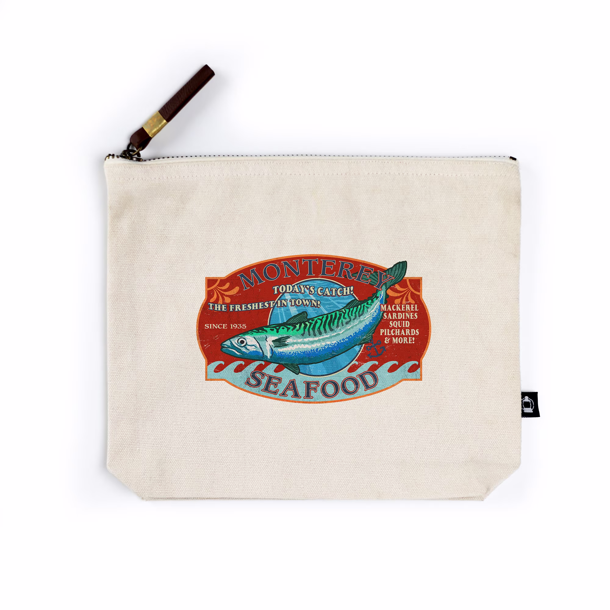 Organic Cotton, Zipper Go Bag, Monterey, California, Seafood, Vintage Sign, Contour, Unique, Unisex Travel, Accessory
