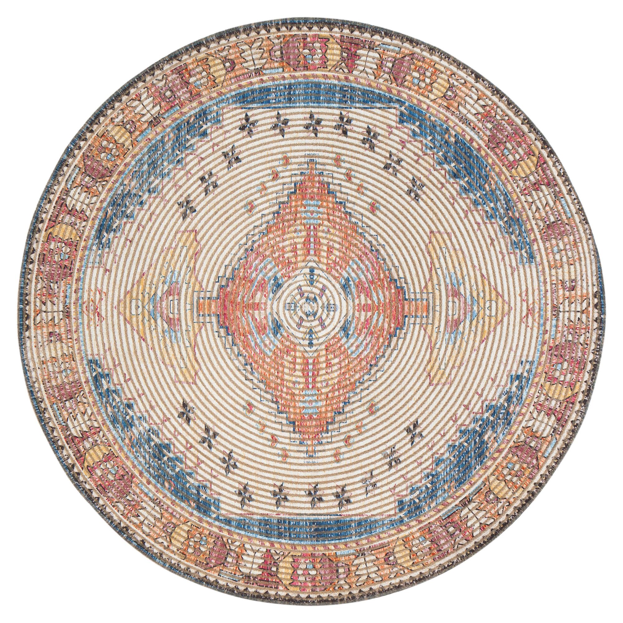 Round Distressed Ivory and Red Jute Blend Beso Area Rug: Blue/Red/Multi - Natural Fiber - 4' Round by World Market