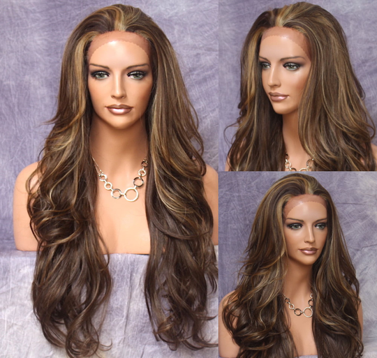 Human Hair Blend Lace Front Wig Layered & Wavy Beautiful Caramel Blonde Brown Mix Cancer/Alopecia/Cosplay