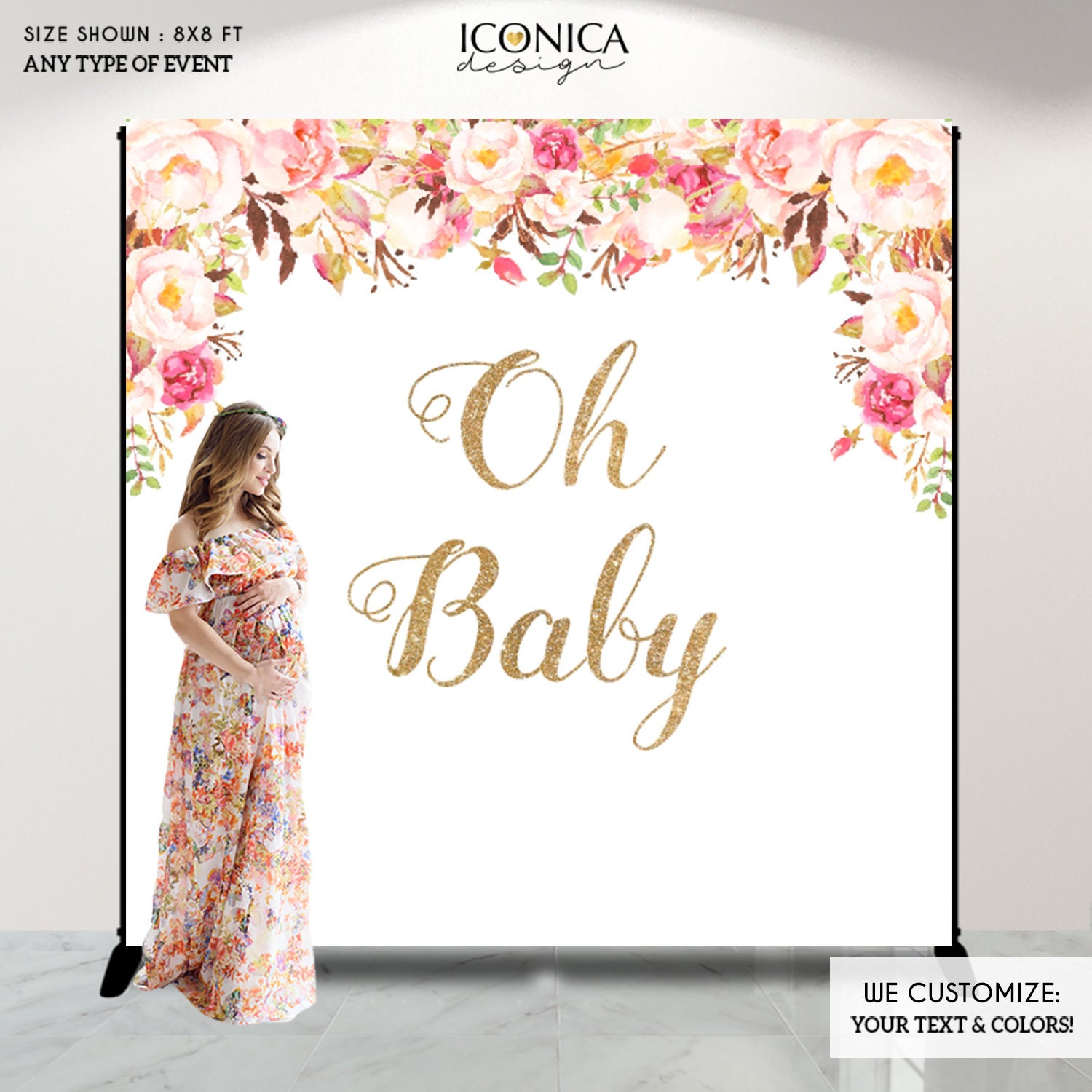 Baby Shower Backdrop, Bohemian Floral Decor, Any Text, Watercolor Flowers Garden Printed Or Printable File Bbs0072
