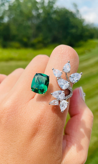 Green Emerald Ring Floarl Luxury Ractangle Vibrant Emerald Halo Ring May Birthstone Earring Neon Glowing Adujustable Size 6-8