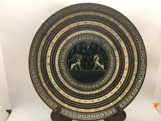 Vintage Signed Metal Greek Display Plate ~ Two Rams Design