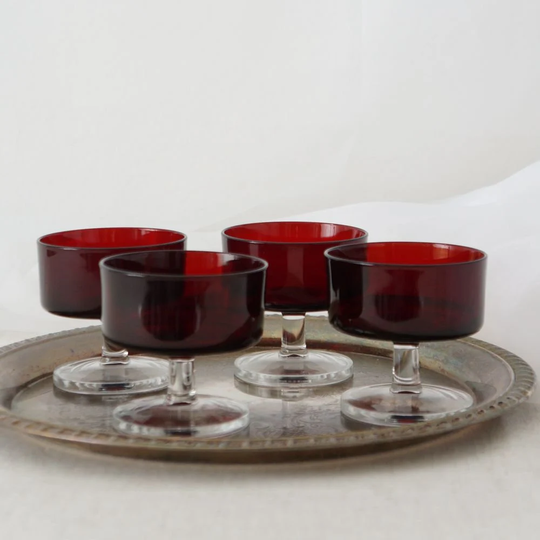 Set Of 4 Vintage France Cristal D'arques-Durand Cavalier Ruby Red Champagne Tall Sherbet Glasses