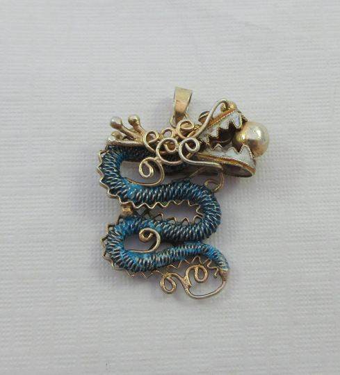 Chinese Export Gold Over Sterling Silver Blue Enameled Mesh Dragon Pendant