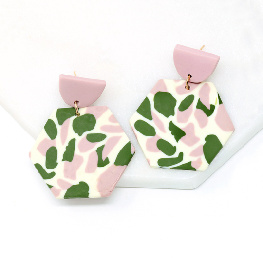 Clay Earring, Hexagon Polymer Leopard Minimalist, Gift For Her, Drop Dangle Lightweight Earring