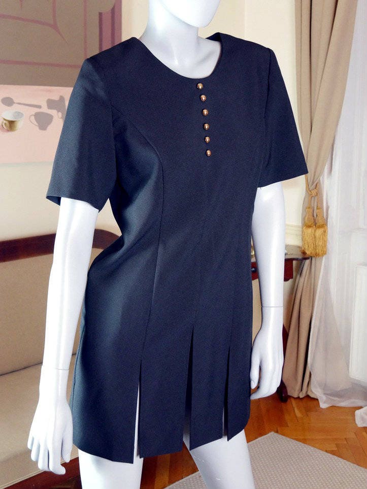 German Vintage Little Black Dress, Gladiator Flaps Polyester Midi European 1990S lbd Size 6/8 Us, 10/12 Uk