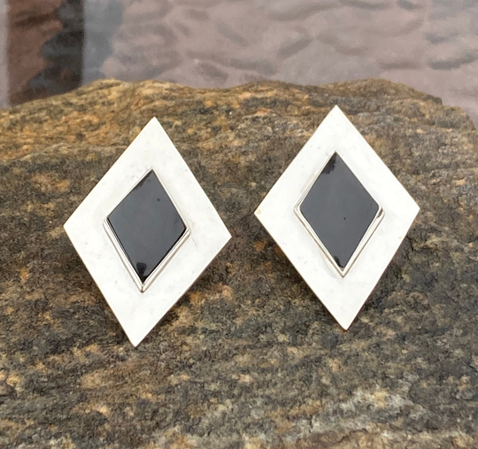Vintage, Sterling Silver With Black Onyx, Large Mexico, Clip On Earrings, 47.1mm By 32.6mm, 24.6 Grams