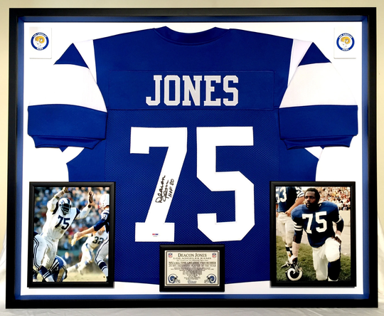 Premium Framed Deacon Jones Autographed/Signed Rams Jersey - Psa Auth