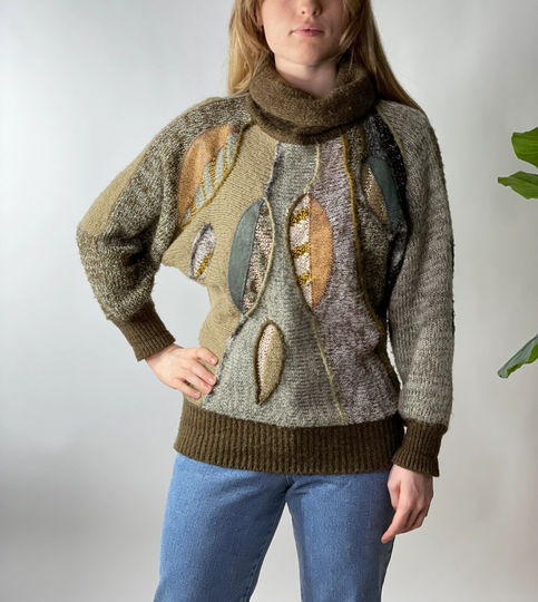 Vintage 80's Brown Wool Blend Batwing Cowl Neck Sweater, Size M