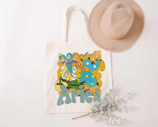 1970S Aries Zodiac Tote Bag - Celestial 70S Reusable Book Bag Hippie Birthday Gift