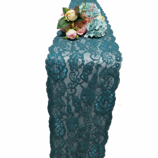 Teal Lace Table Runner, Green Lace 7" Wide, Wedding Decor, Peacock Weddings, Overlay, Teal Weddings