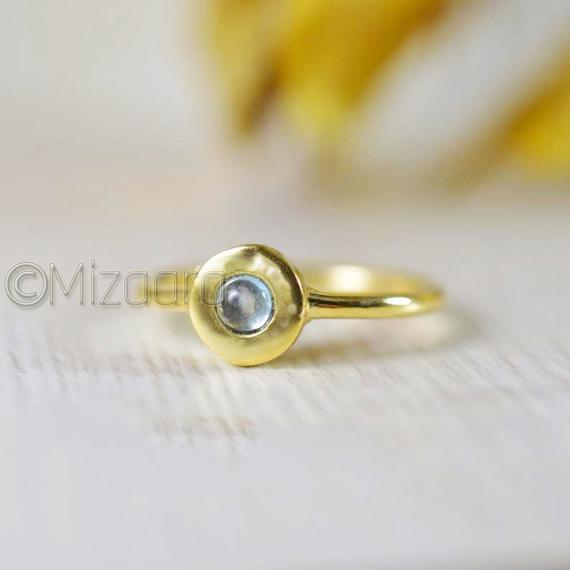 Blue Topaz Gold Ring Sterling Silver Rose & Yellow Anniversary Gift Dainty Minimalist Statement Handmade