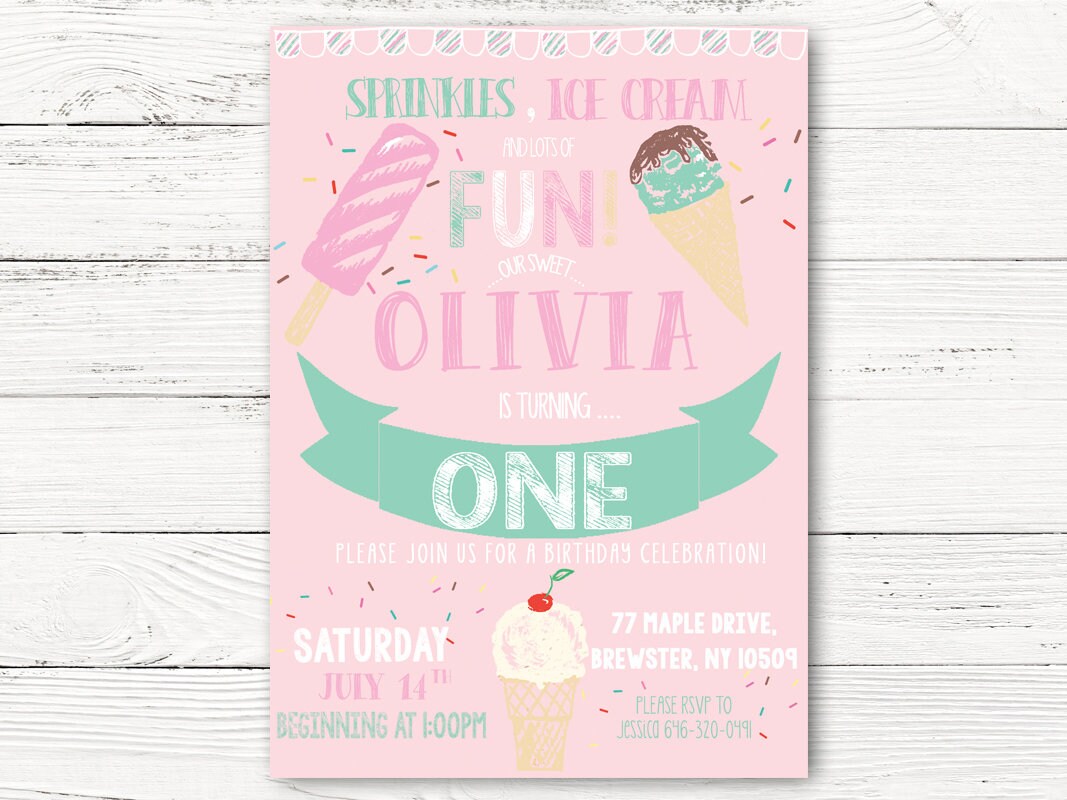Ice Cream Birthday Invitation, Girl First Birthday, Personalized Social 1st Invitation Cards, C114