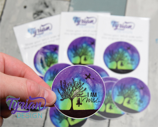 I Am Wild Vinyl Sticker, Tree Swing With Dragon in The Sky High Quality Weather Proof Vinyl. 2 Inches Round