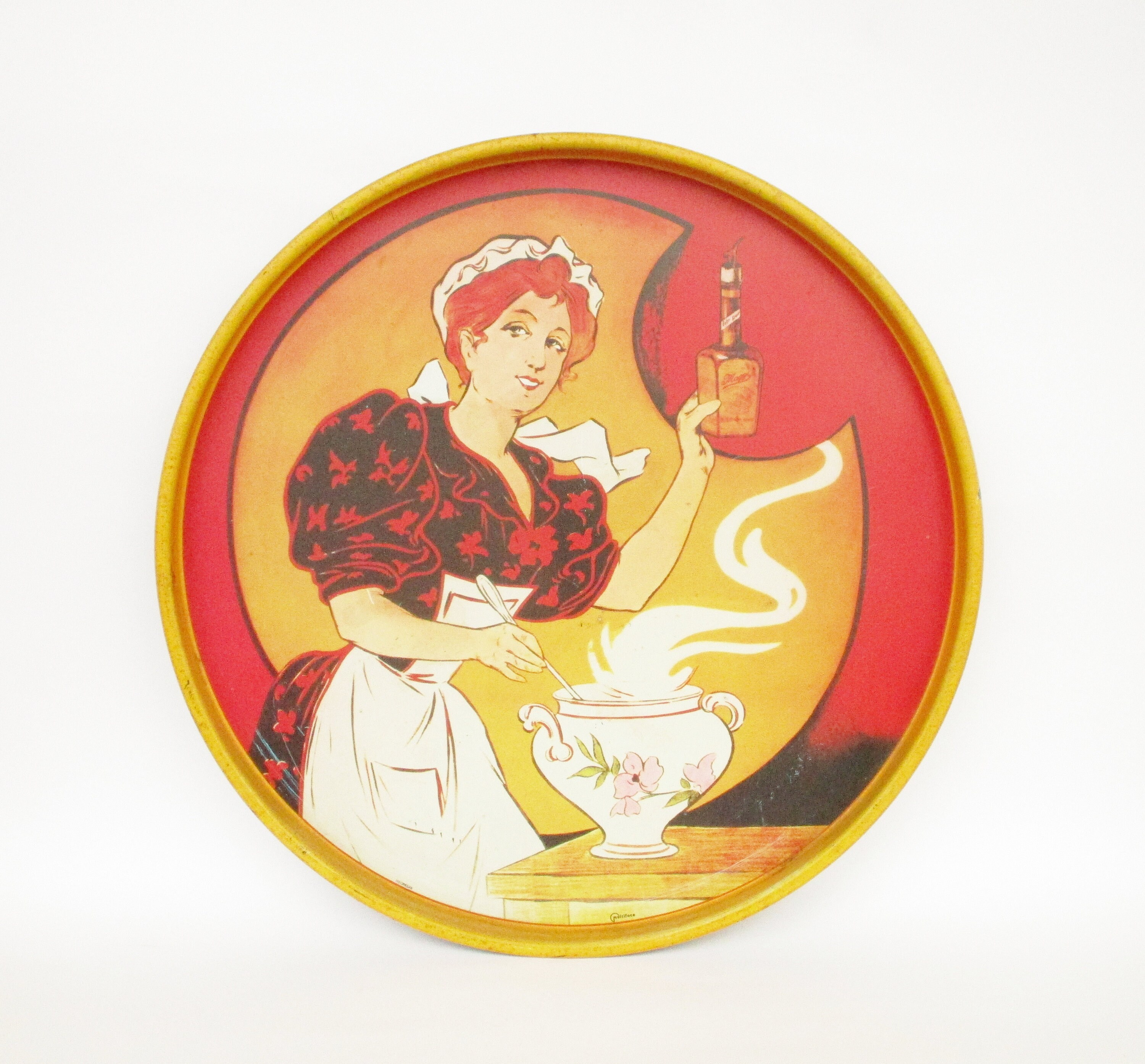 Vintage Maggi Advertising Round Tin Tray. Decoration Lady Cooking. Collectible. Home Decor. Spaces Plateau Rond Publicitaire