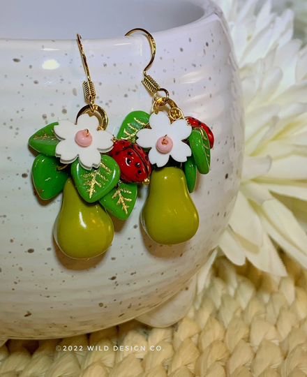 Pear Earrings, Fruit Czech Glass Jewelry Ladybug Red & Green Pear Earrings
