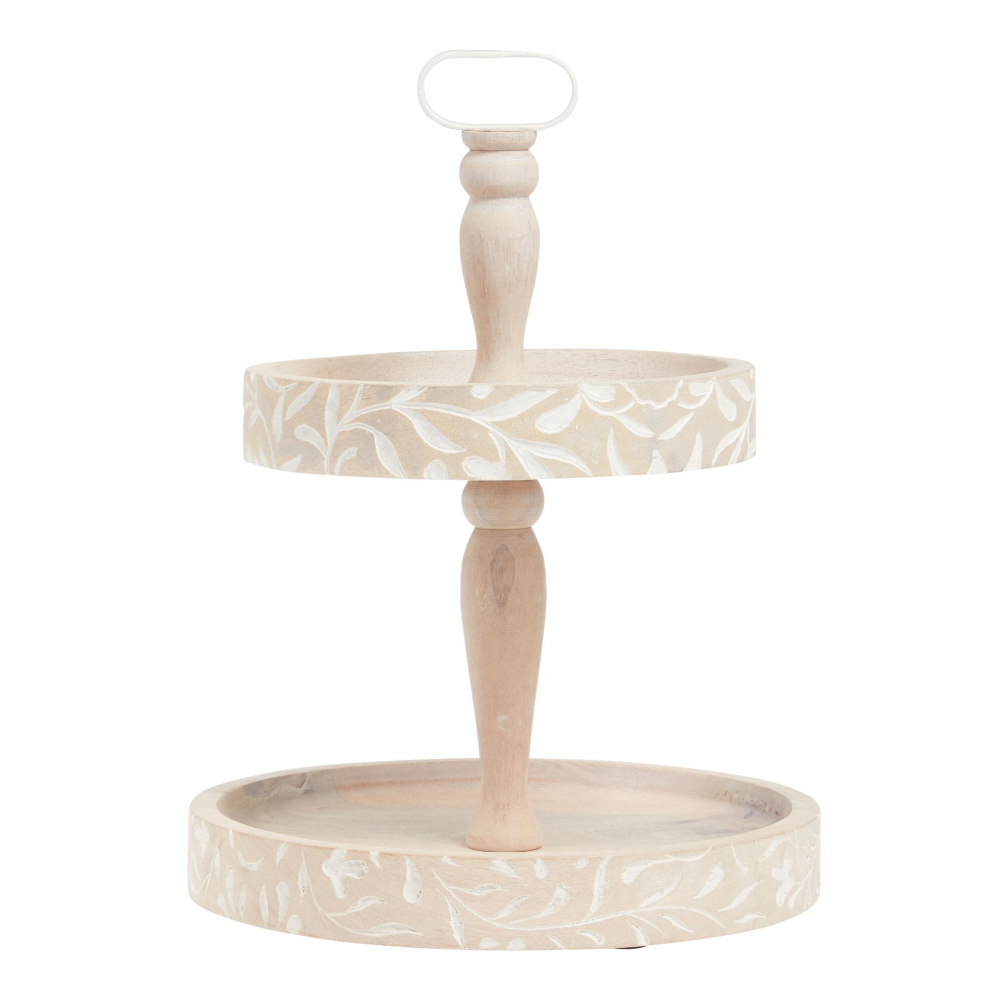 Whitewash Wood Etched Botanical 2 Tier Serving Stand: Gray by World Market