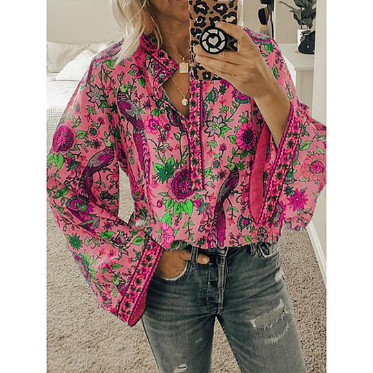 White Long Sleeve Floral Cotton-Blend Floral-Print Shirts - Red, S