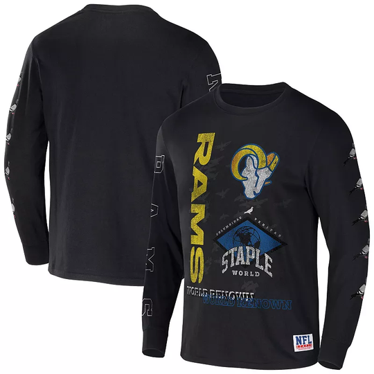 Men's NFL x Staple Black Los Angeles Rams World Renowned Long Sleeve T-Shirt, Size: 3XL