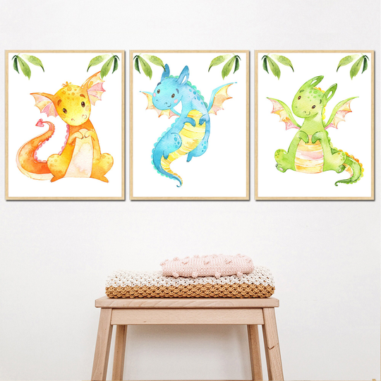 Gift For Baby Nursery Decor, Dragon Print Watercolor Print Nursery Set Of 3 Canvas Stickers Wall Art Baby Boy Decor