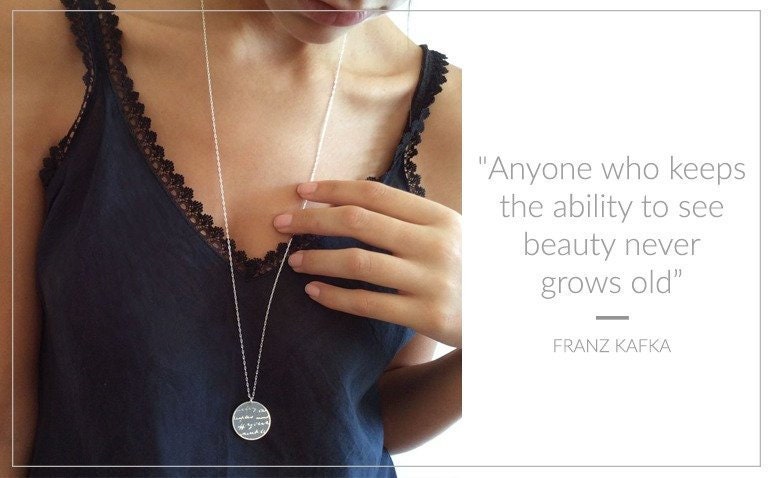 Round Concrete & Silver Handwriting Text Pendant With Long 925 Chain