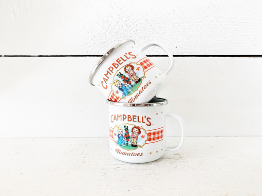 Pair Of Vintage Campbell's Soup Enamelware Mugs/Farmhouse Kitchen Tomato Enamel Cups