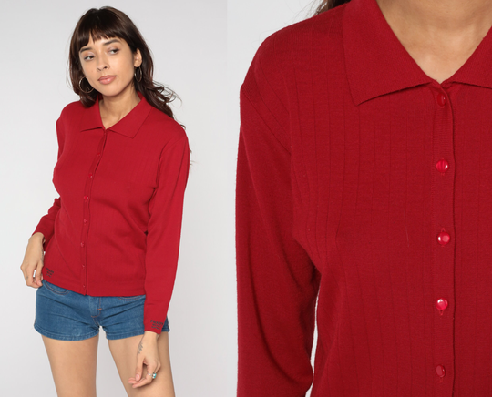 Red Collared Sweater 80S Knit Button Up Cardigan Embroidered Prady Milano Wool Blend Retro Preppy 1980S Vintage Collar Plain Large L