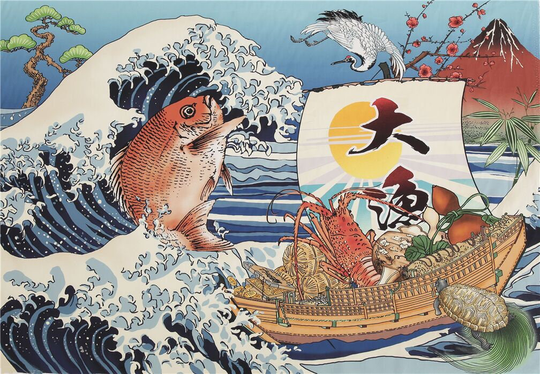 Traditional Japanese Theme Sea Waves Fish Crane Panel Cotton Fabric