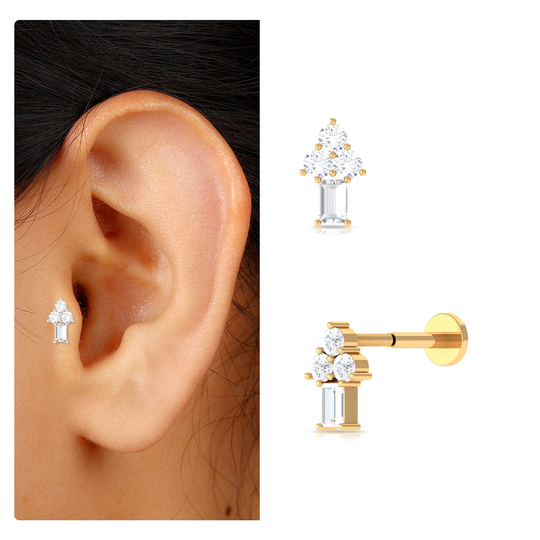 Baguette Diamond Tiny Tragus Earrings For Women, Climber Stud Earrings, Flat Back Earring [Single Piece]